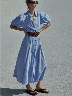 Zara Belted Linen Midi Dress in blue featuring a lapel collar
